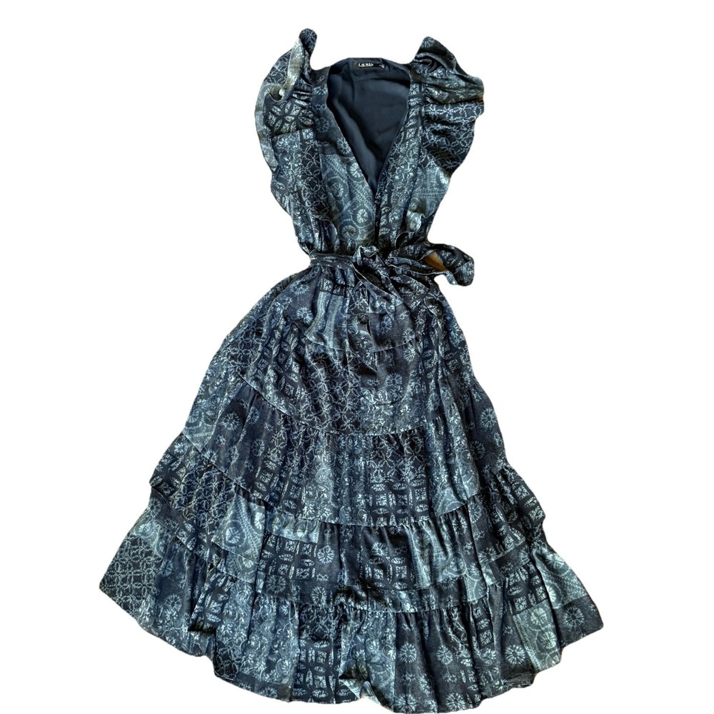 Lauren Ralph Lauren Blue Tiered Ruffle Maxi Dress Size 14 Boho Cottagecore Batik